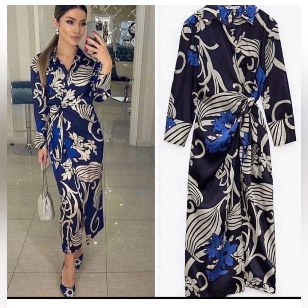 ZARA PRINTED SHIRT DRESS MIDI WRAP FRONT